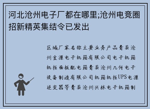 河北沧州电子厂都在哪里;沧州电竞圈招新精英集结令已发出